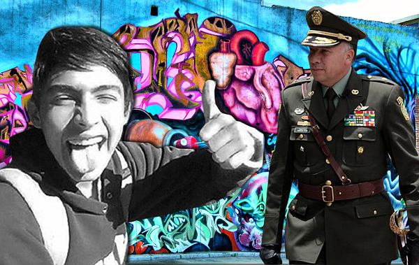 Al general Francisco Patiño se le acusa de encubrir el asesinato del joven grafitero Diego Felipe Becerra a manos de hombres bajo su mando - Ilustración: Andrés Felipe Ballesteros, Diario Primicia