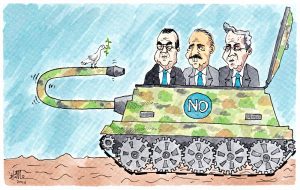 Tanque de guerra. Caricatura: Átomo Cartún.