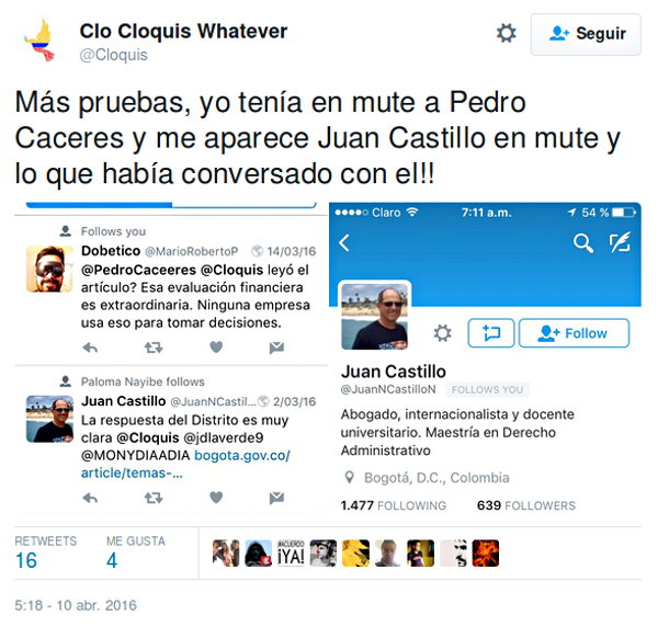 "Más pruebas, yo tenía en mute a Pedro Caceres y me aparece Juan Castillo en mute y lo que había conversado con el!! https://t.co/72lWtvSluG". Clo Cloquis Whatever (@Cloquis).