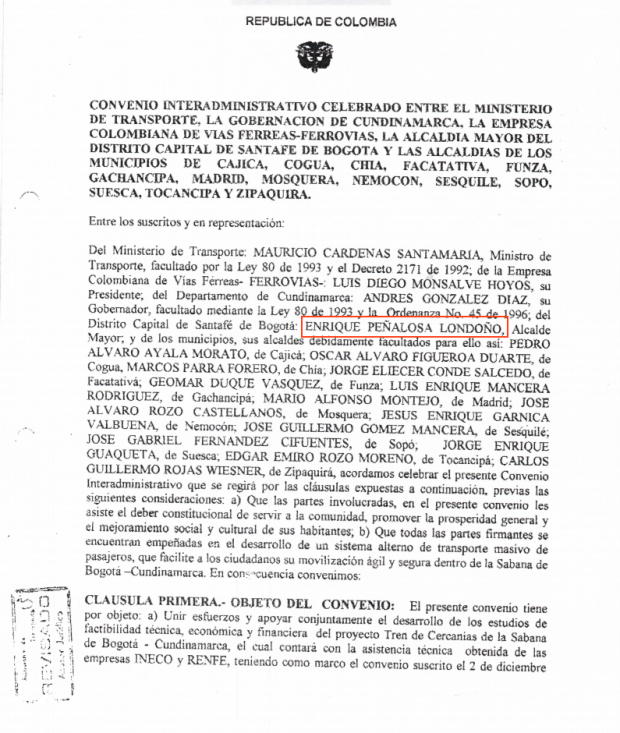 Convenio interadministrativo de 1998 para el desarrollo del tren de cercanías.