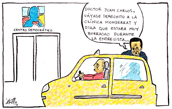 "-Doctor Juan Carlos, váyase derechito a la Clínica Monserrat y diga que estaba muy borracho durante la entrevista...". Caricatura: Átomo Cartún.