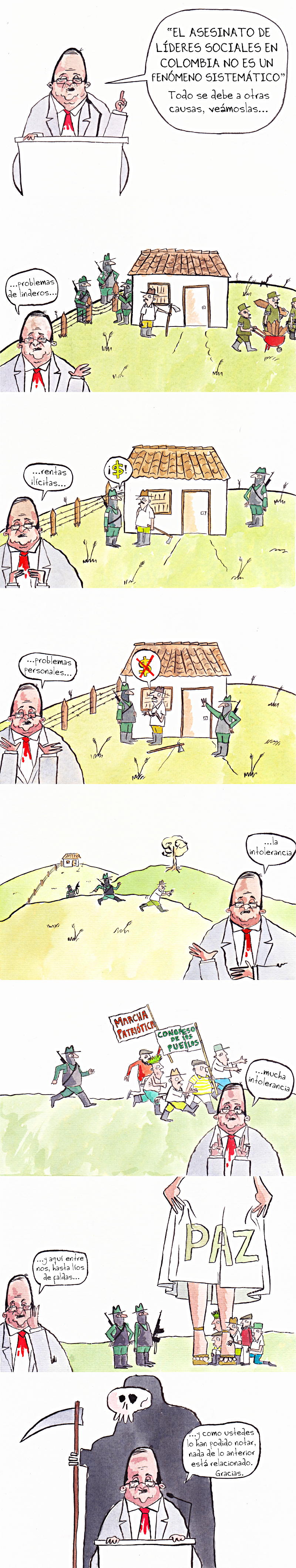 "La defensa del ministro de Defensa". Caricatura: Átomo Cartún.