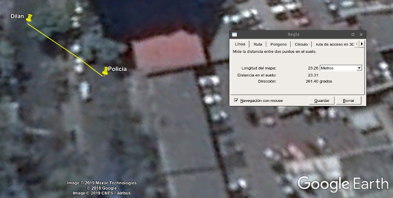 Análisis de la distancia entre el policía tirador y Dilan Cruz. Software: Google Earth Pro. 