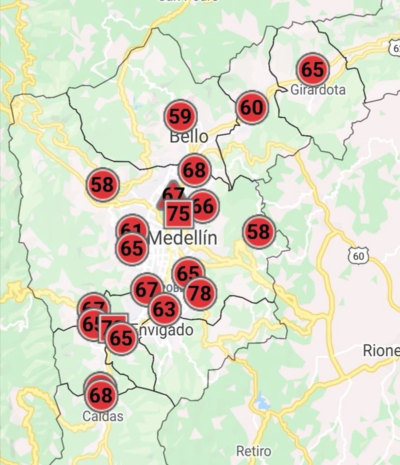 Mapa de estaciones medidoras de contaminación en Medellínconta