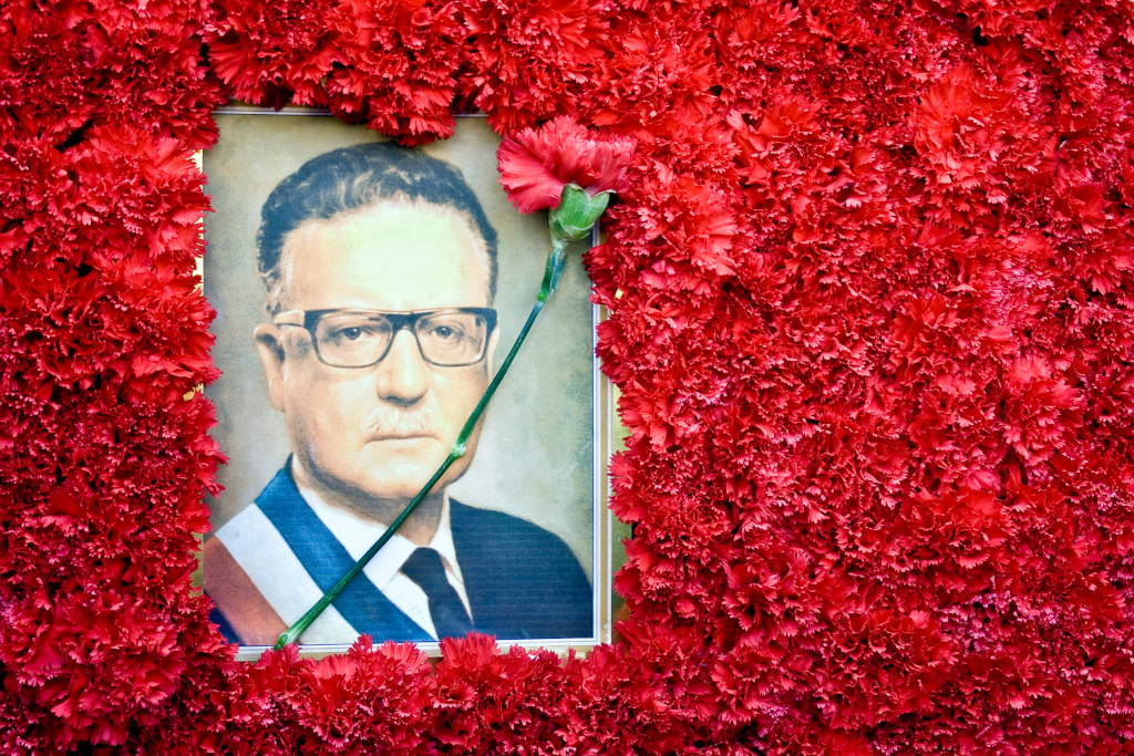 Fotografía de Salvador Allende rodeada de claveles rojos. Foto: Oscar Ordenes