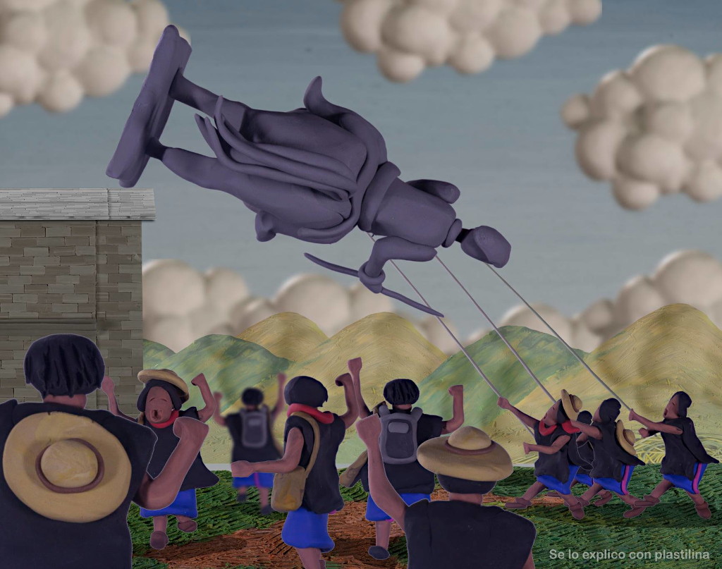 Recreación en plastilina del derribo de la estatua de Sebastián de Belalcázar por parte de los indígenas misak en Popayán. Ilustración: Édgar Humberto Álvarez.