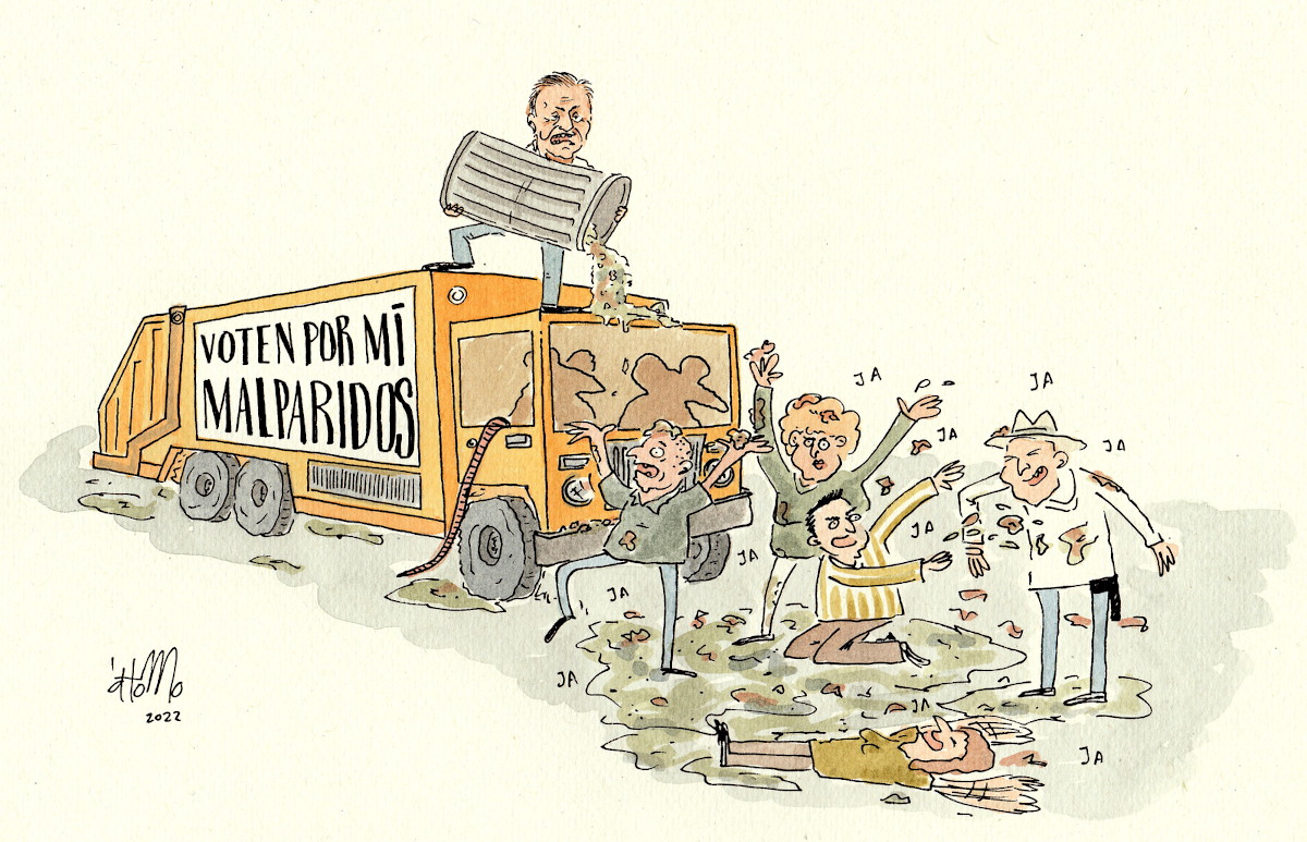 En la caricatura Rodolfo Hernández está subido sobre un camión recolector de basuras desde donde lanza desechos sobre un grupo de personas que ríe y se revuelca en estos. El vehículo es manejado por dos ratas y en su costado tiene un letrero que dice: "voten por mí, malparidos".