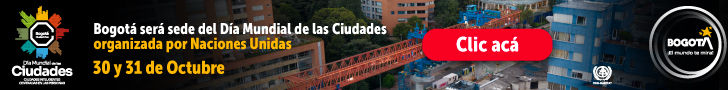 A la izquierda se encuentra el logotipo del Día Mundial de las Ciudades con la leyenda 'Ciudades inteligentes centradas en las personas'. Al centro se puede leer 'Bogotá será sede del Día Mundial de las Ciudades organizado por Naciones Unidas' seguido de un botón que dice 'Clic acá'. A la derecha se encuentra el logotipo de ONU Hábitat y el de la Alcaldía de Bogotá.