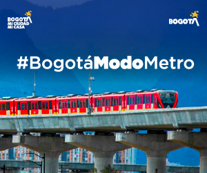 La imagen muestra un tren del futuro metro elevado de Bogotá con la leyenda #BogotáModoMetro