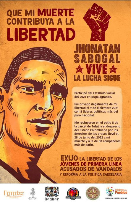 Afiche sobre Jhonatan Sabogal preso del estallido que fue asesinado el 28 de junio de 2022.